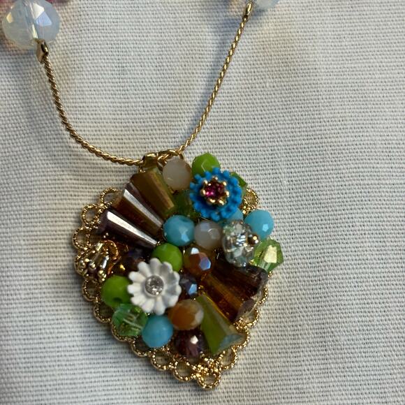 Flower  Heart Illusion Necklace Triple Chain  Boho Cottagecore NWT Retro Beaded - Picture 6 of 13